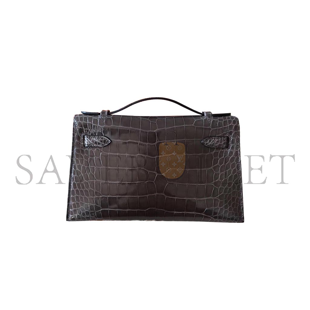 HERMÈS MASTER MINI KELLY POCHETTE GLOSSY SQUARE CROCODILE ELEPHANT GRAY SILVER BUCKLE (22*14*7cm) 